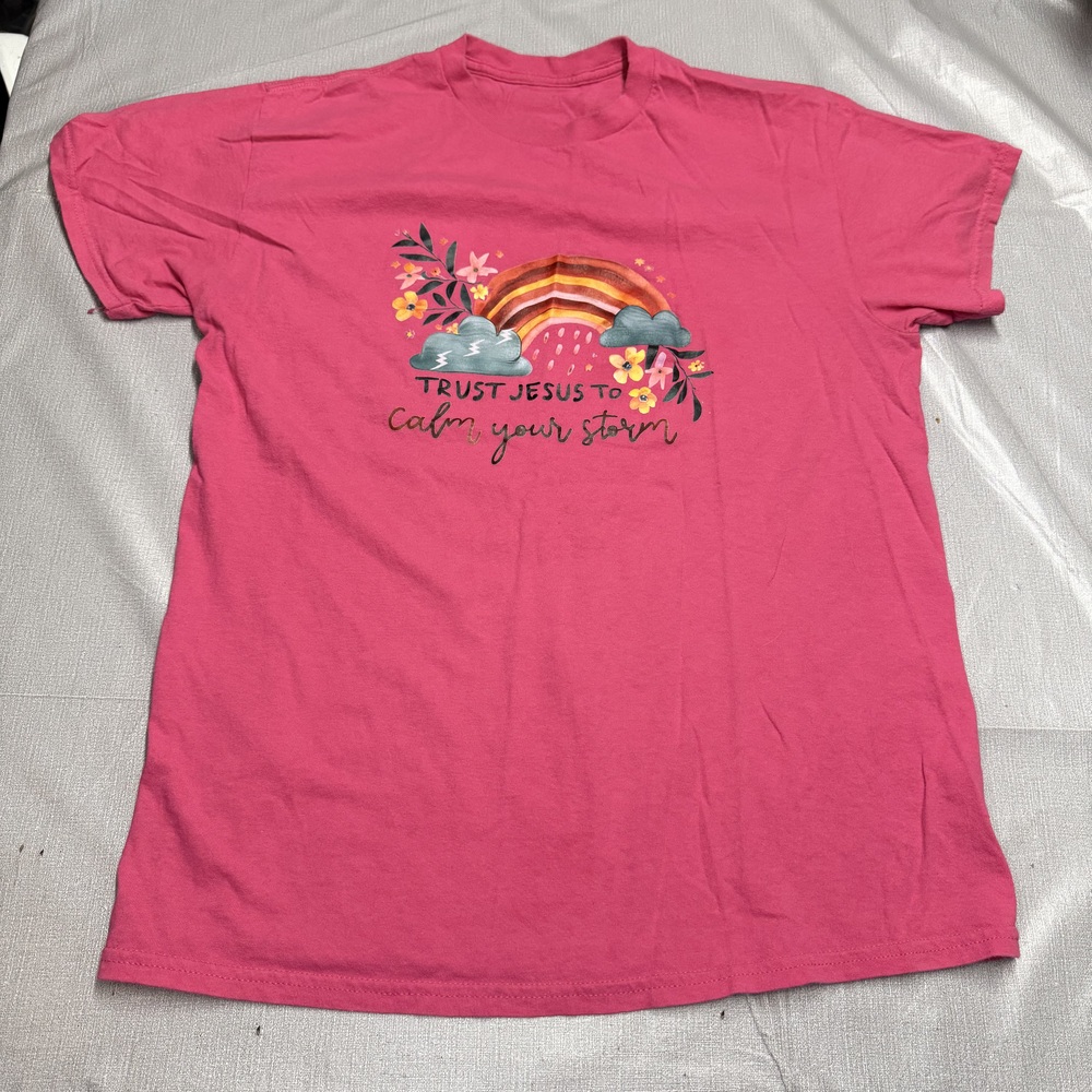 Trust Jesus To Calm Your Storm Graphic Tee Womens L Pink
